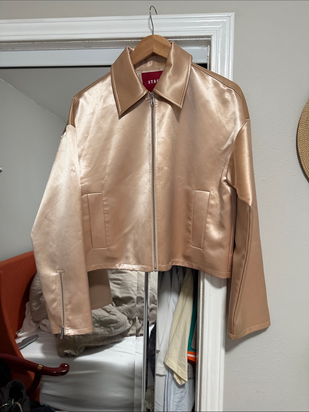 STAUD Shimmering Nude Zip-Front Leather Jacket